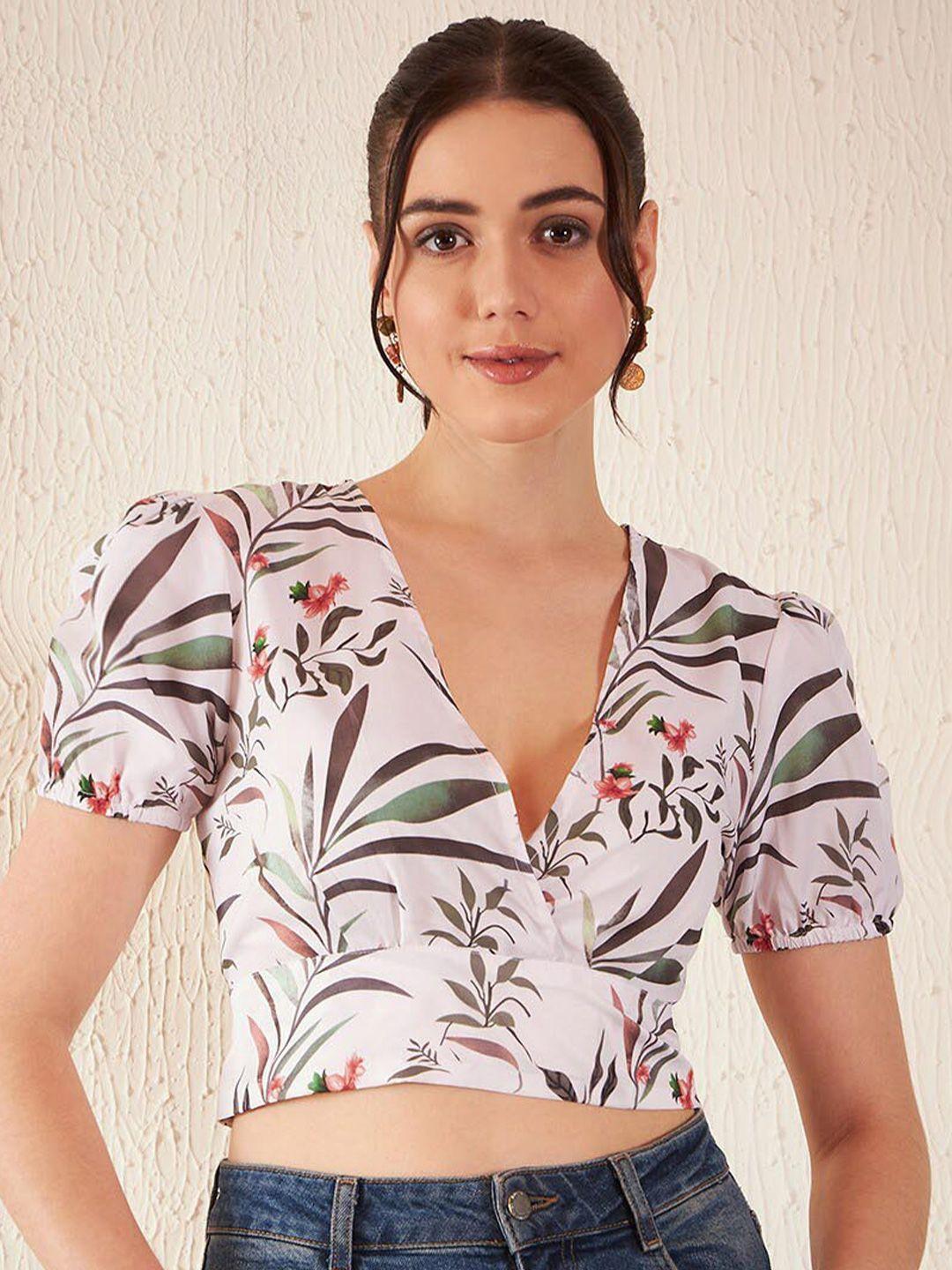 dennison floral print puff sleeve crepe blouson crop top