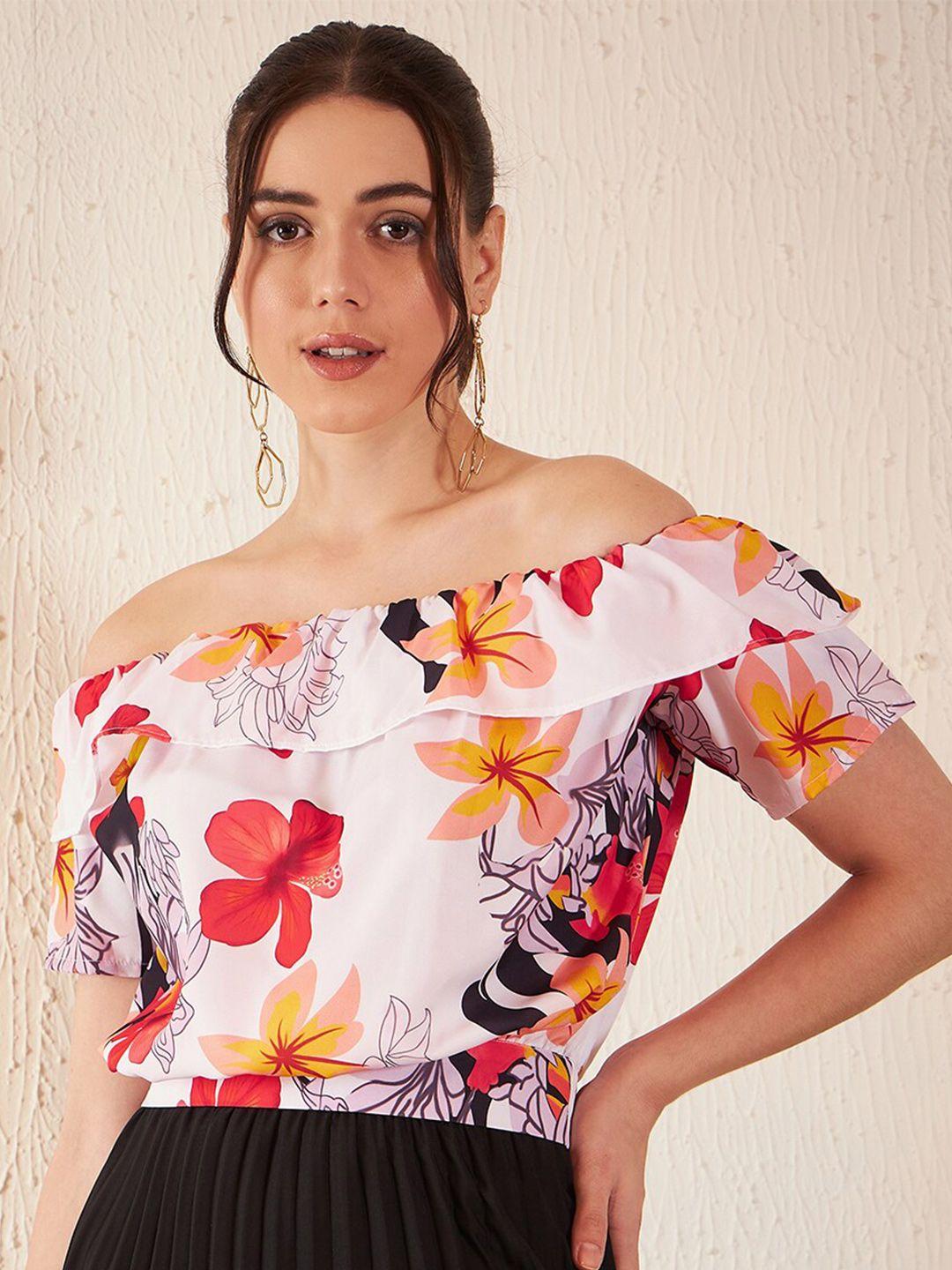 dennison floral printed off-shoulder ruffles crop bardot top