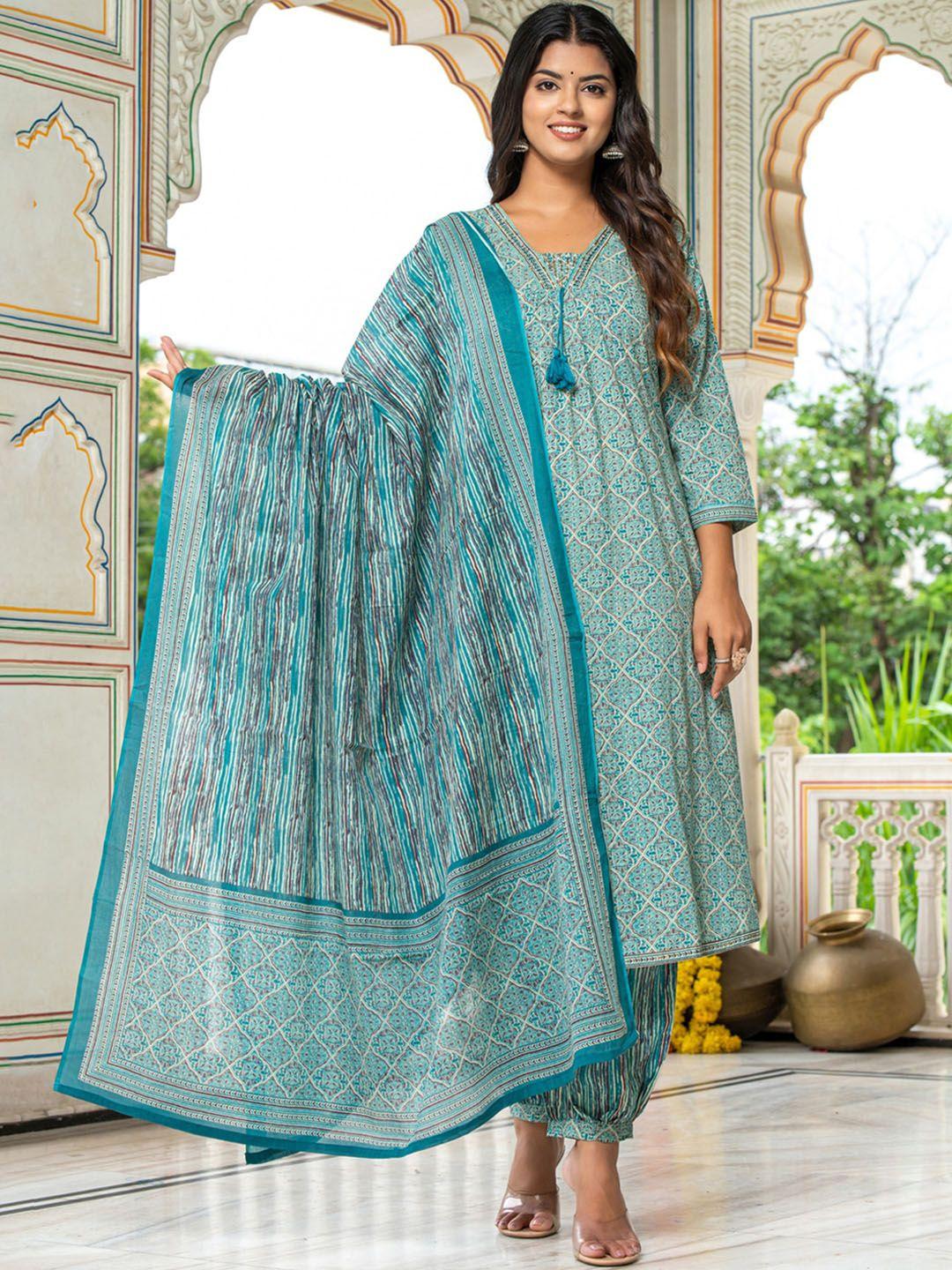 baesd ethnic motifs printed pure cotton kurta & salwar with dupatta