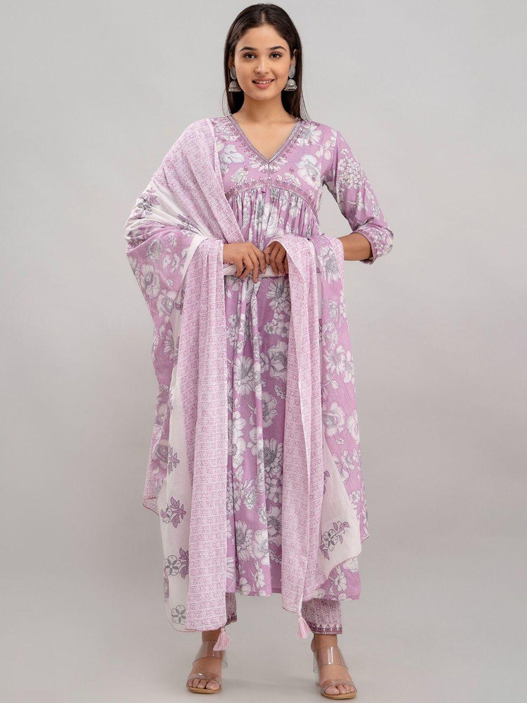 baesd floral printed thread work pure cotton anarkali kurta with trousers & with dupatta