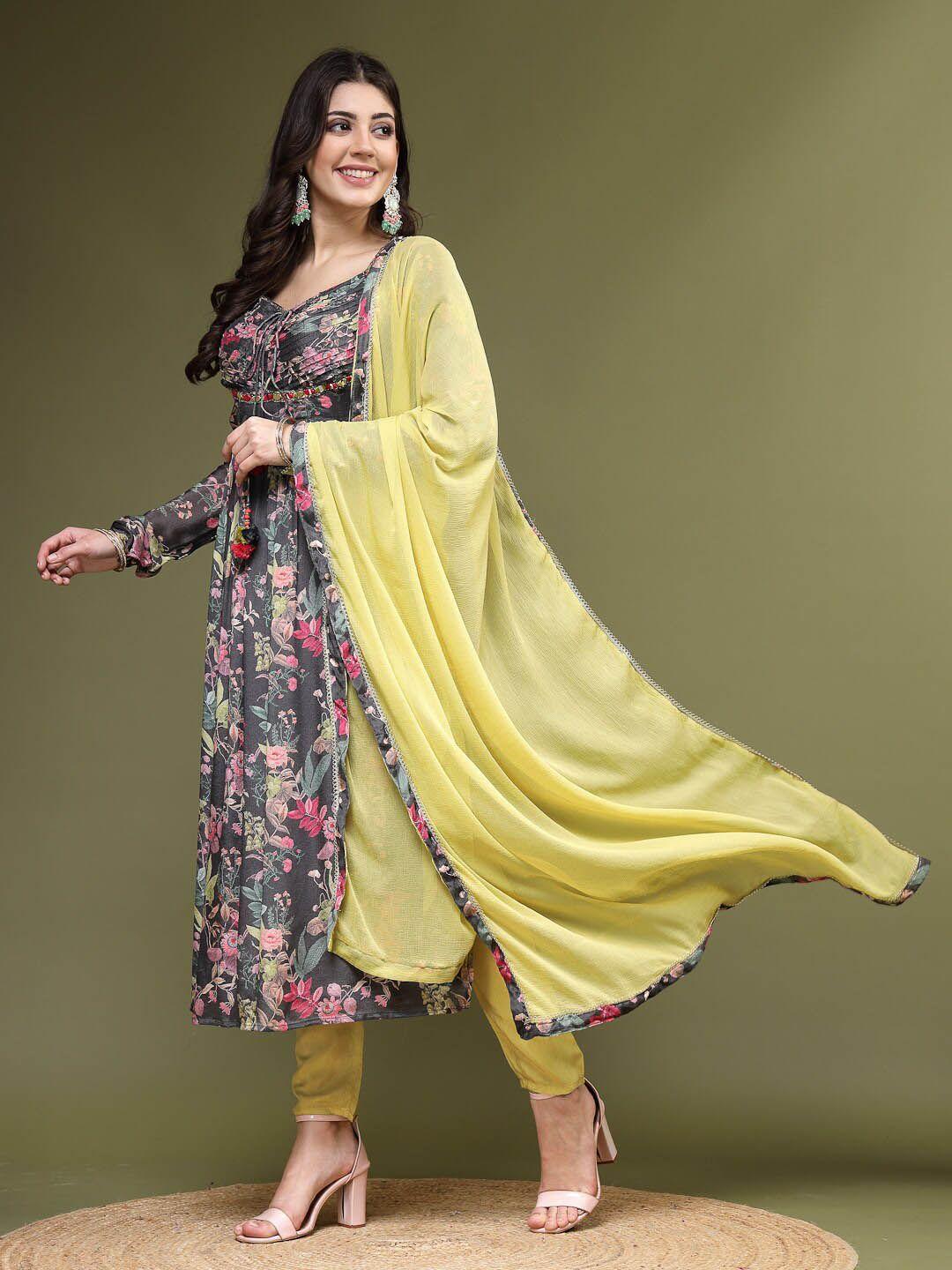 sangria grey floral printed empire mirror work kurta with trousers & dupatta