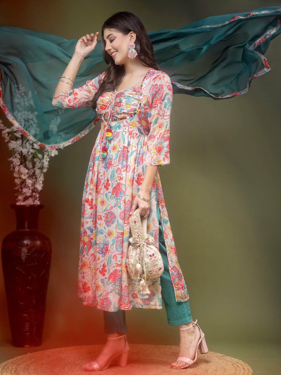 sangria floral printed mirror work a line kurta with trousers & dupatta