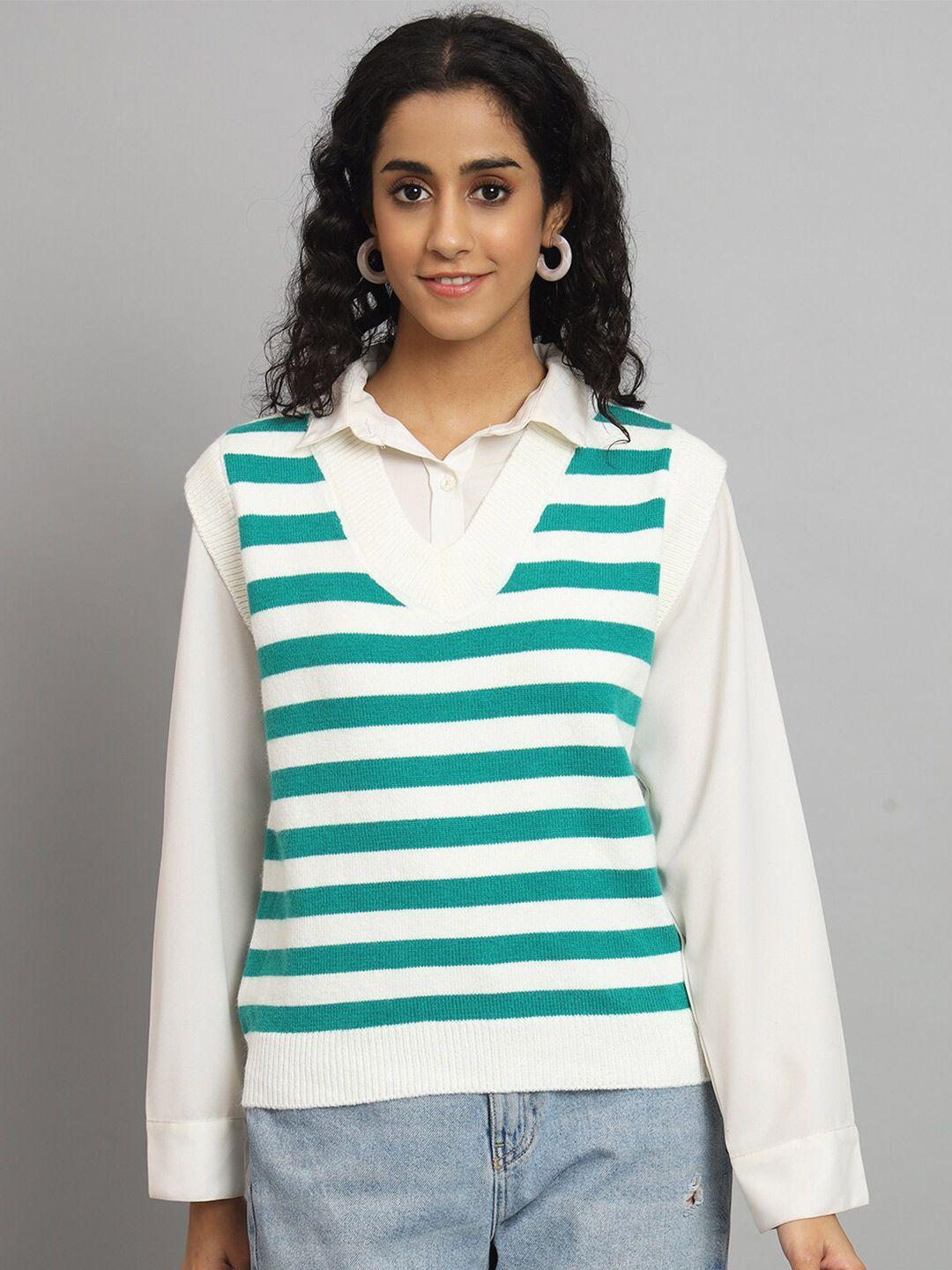 chemistry women green striped woollen sweater vest