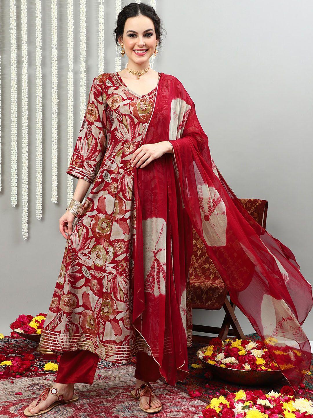 sangria floral printed pure silk a-line kurat with palazzos & dupatta