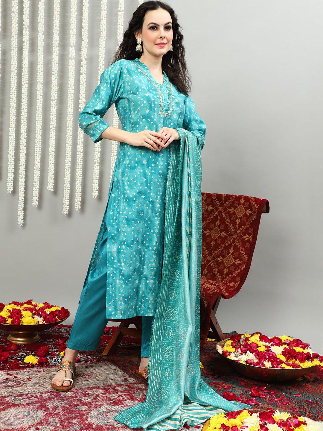 sangria printed pure silk a-line kurat with palazzos & dupatta