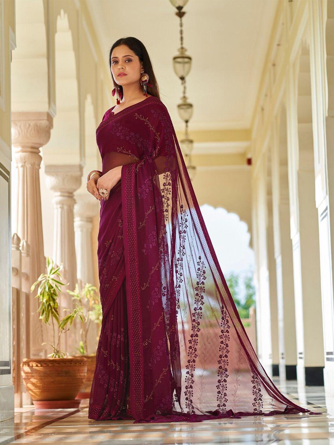 mitera purple embellished beads and stones pure georgette designer saree