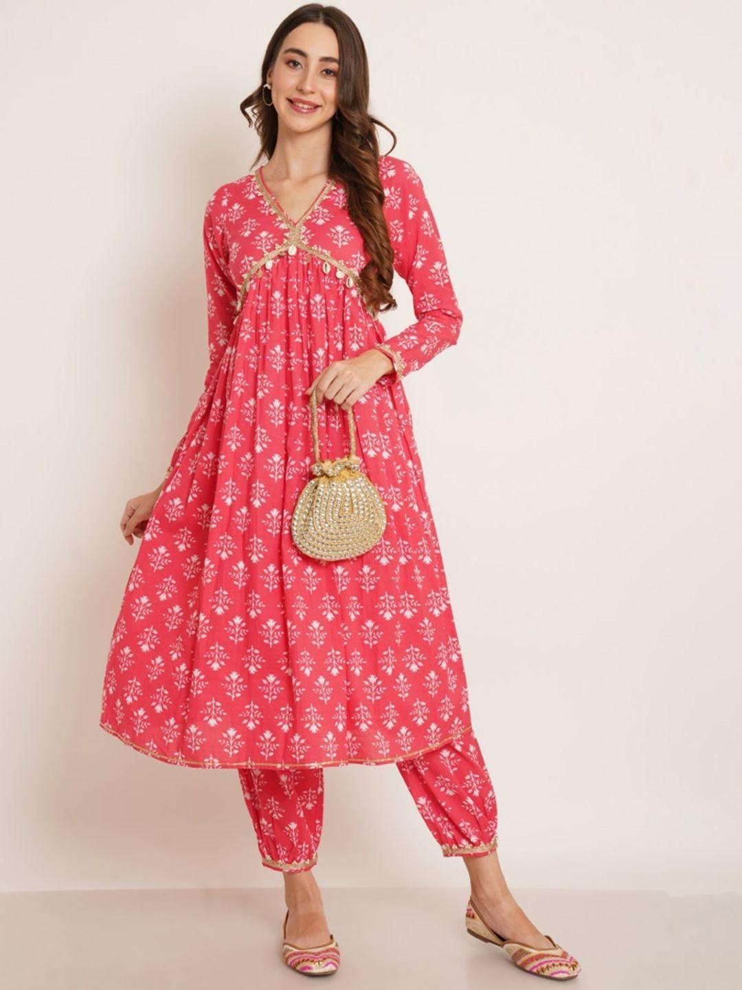 kalini women red floral printed empire gotta patti pure cotton kurta with salwar