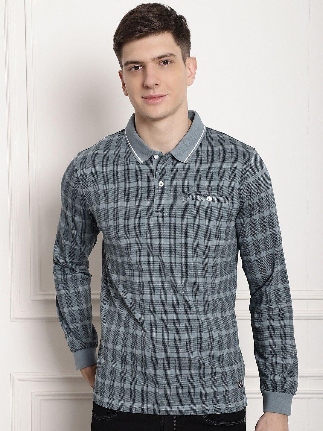 confidence checked polo collar long sleeves slim fit cotton t-shirt