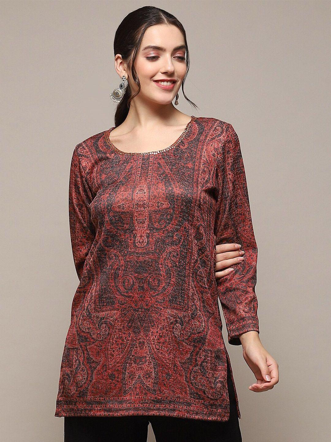 biba ethnic motifs self design knitted sequined straight kurti