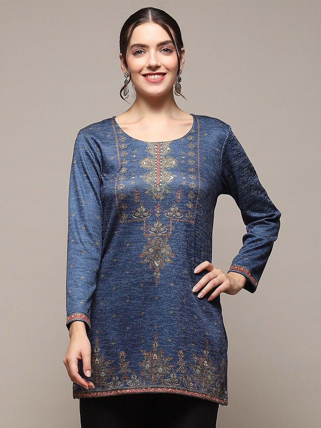 biba ethnic motifs self design knitted sequined straight kurti