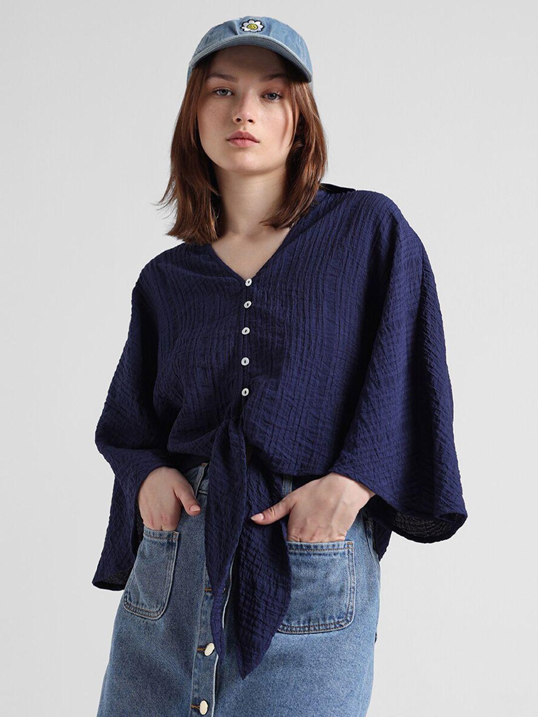 only self design flared sleeves tie-up detail shirt collar crop top