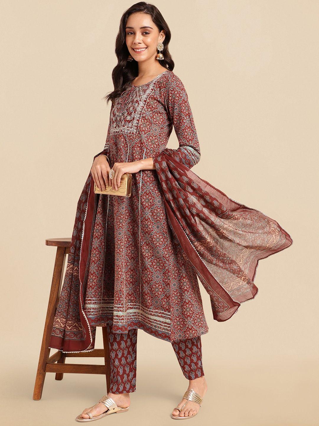 kalini ethnic printed gotta patti anarkali pure cotton kurta with trousers & dupatta