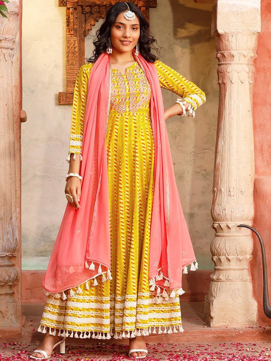 aayumi geometric embroidered anarkali pleated pure cotton kurta set with dupatta