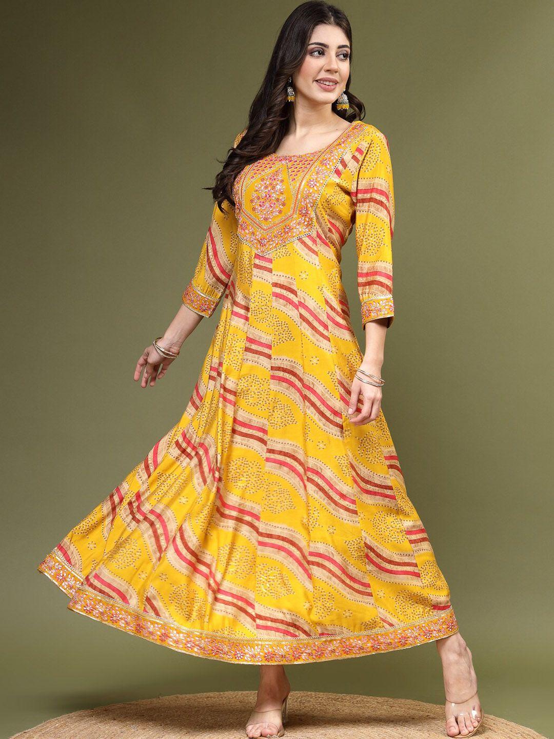 ramas bandhani printed embroidered fit & flare ethnic dress