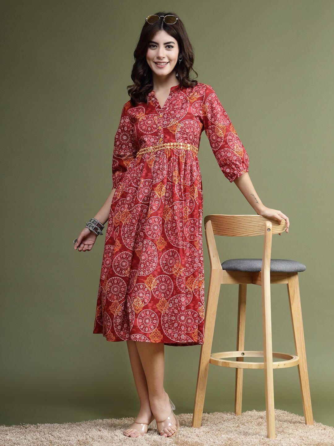 ramas maroon floral print a-line dress