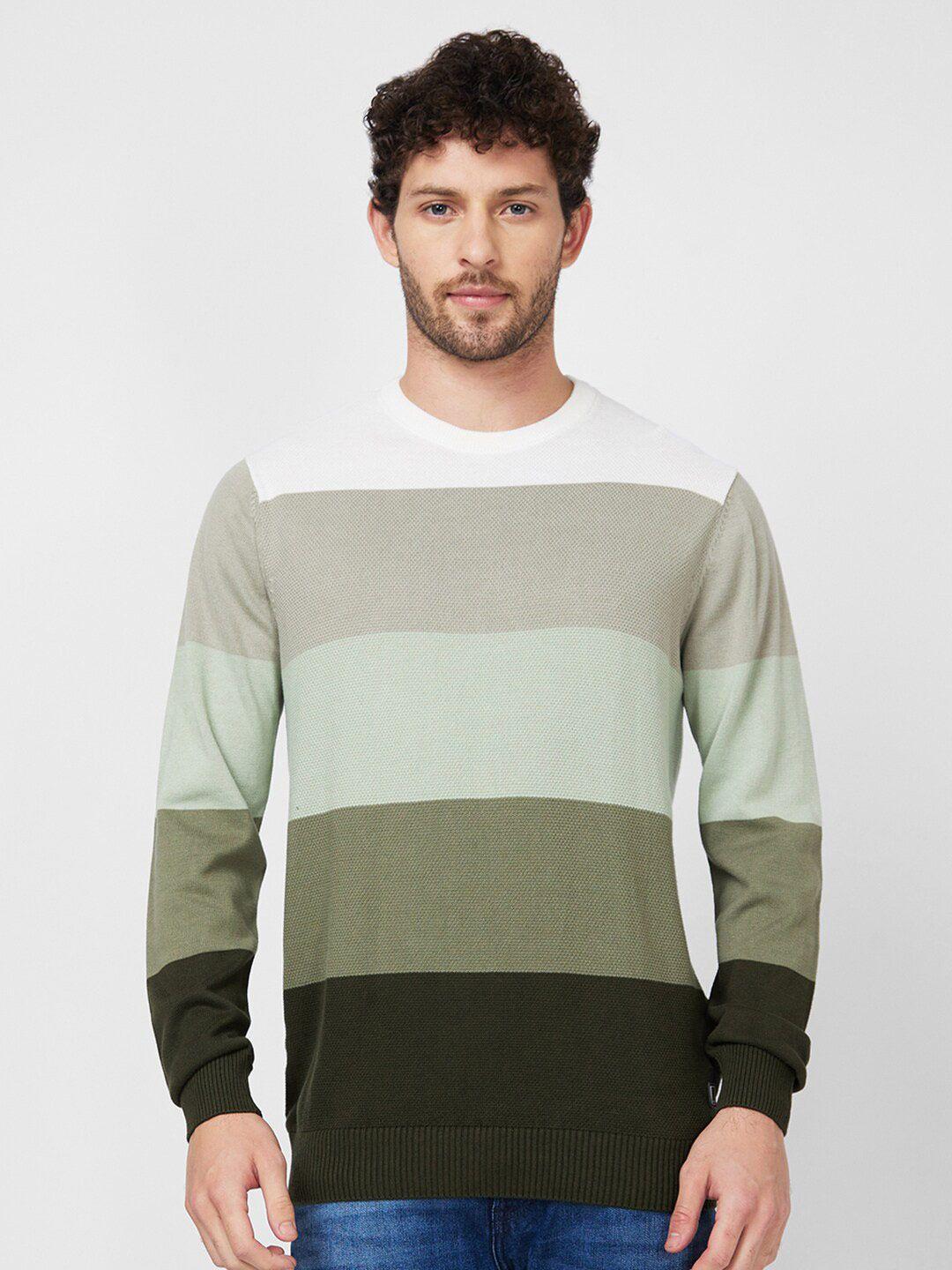 spykar round neck long sleeves colourblocked cotton sweater