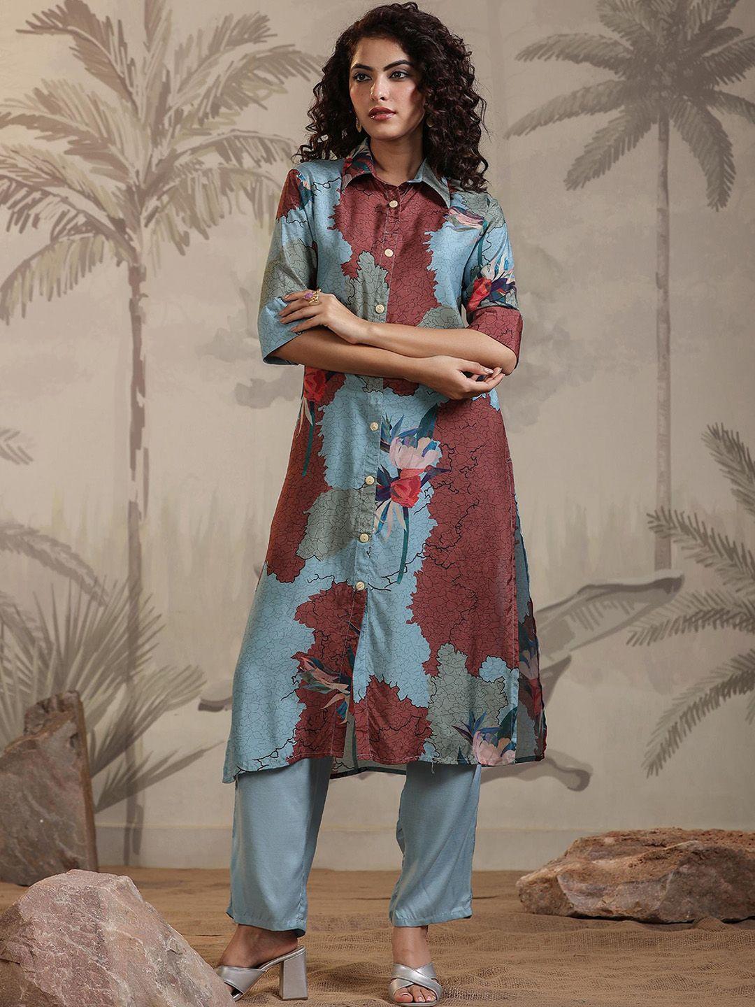 scakhi floral printed shirt collar kurta with trousers