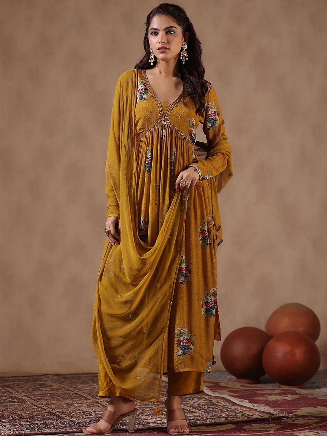 scakhi floral printed empire sequinned kurta with trousers & dupatta