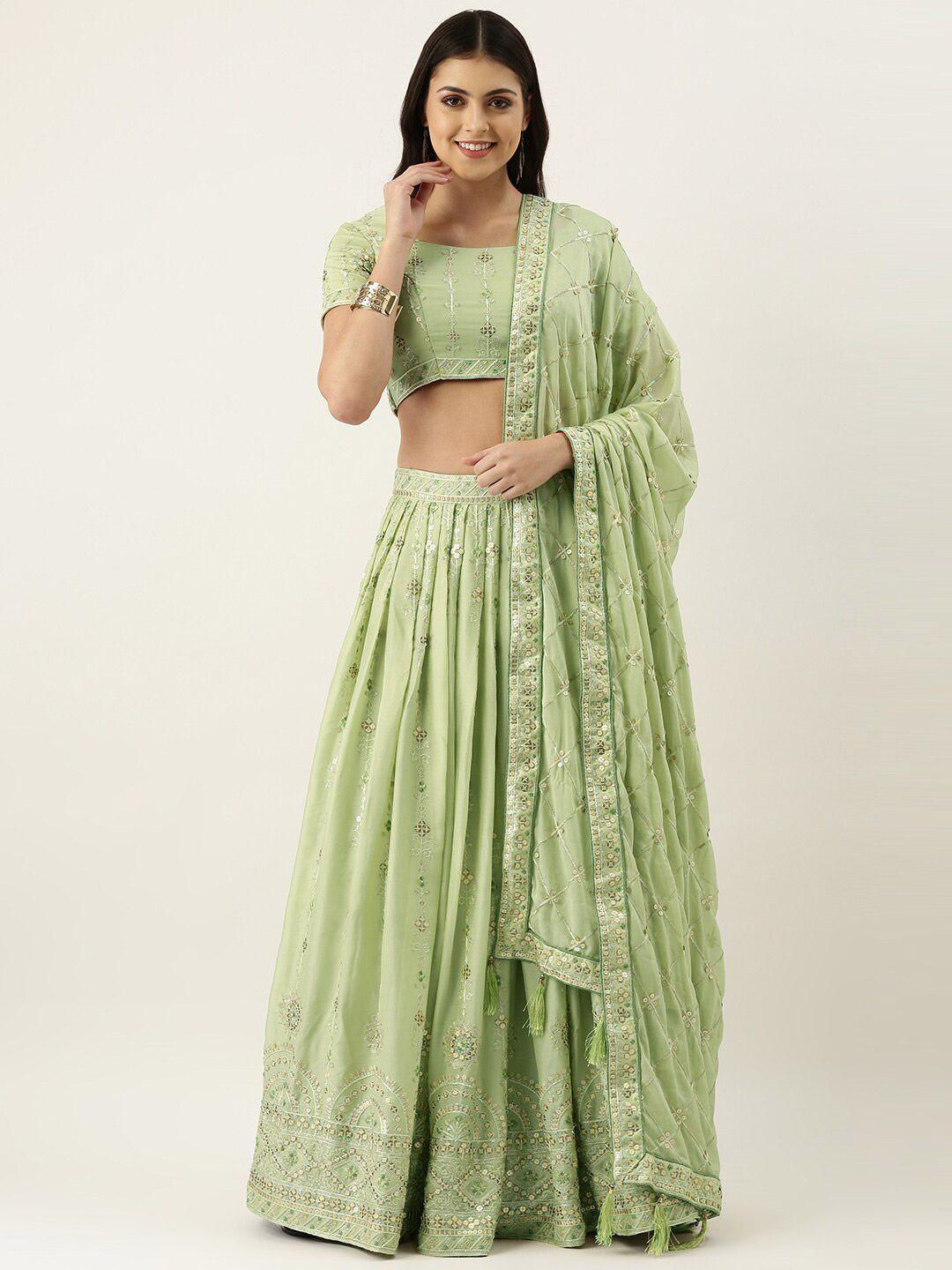 vaani creation fluorescent green & embroidered sequinned semi-stitched lehenga & unstitched blouse with