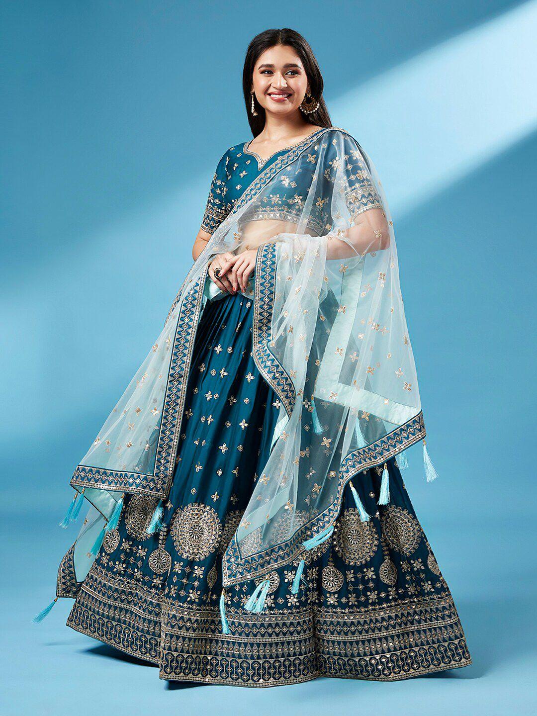 vaani creation teal & embroidered sequinned semi-stitched lehenga & unstitched blouse with dupatta