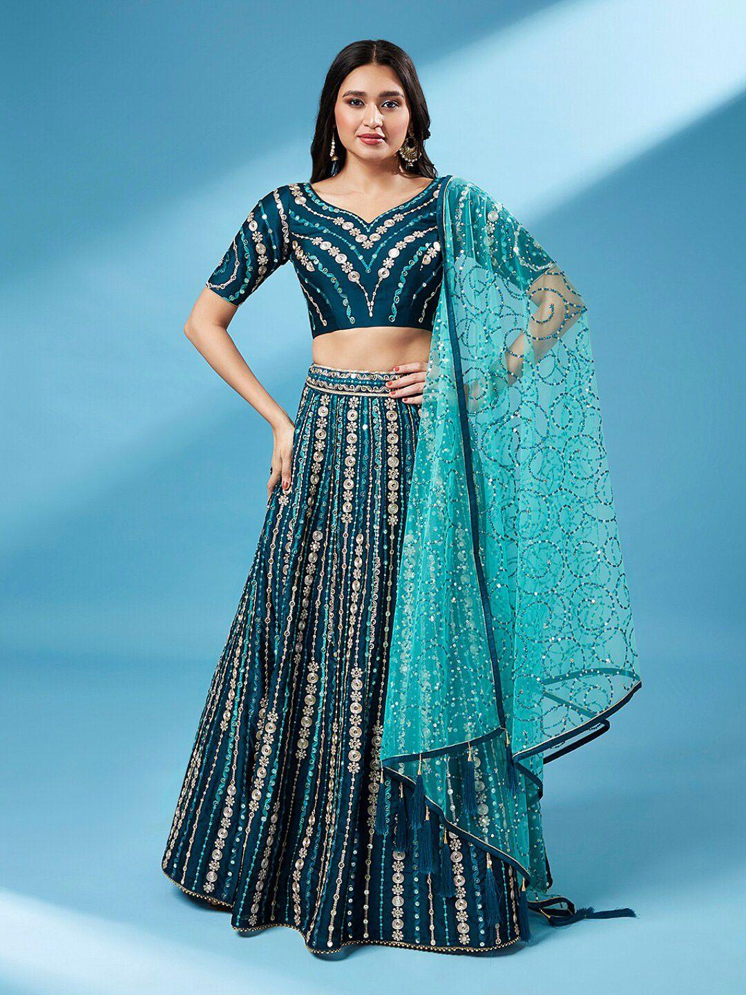 vaani creation teal & embellished thread work semi-stitched lehenga & unstitched blouse with dupatta