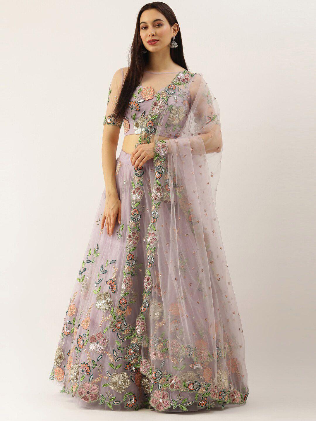 vaani creation mauve & embroidered sequinned semi-stitched lehenga & unstitched blouse with dupatta