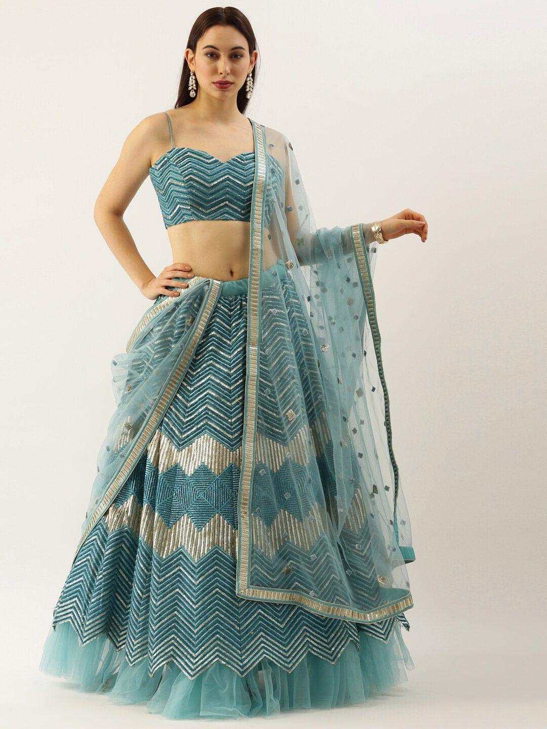 vaani creation sea green & embroidered sequinned semi-stitched lehenga & unstitched blouse with dupatta