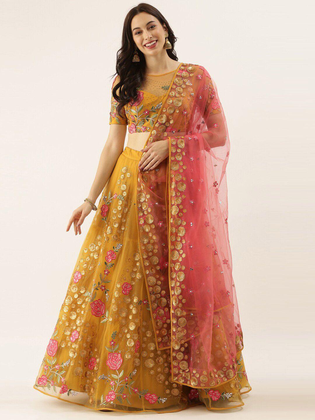 vaani creation mustard & embroidered sequinned semi-stitched lehenga & unstitched blouse with dupatta