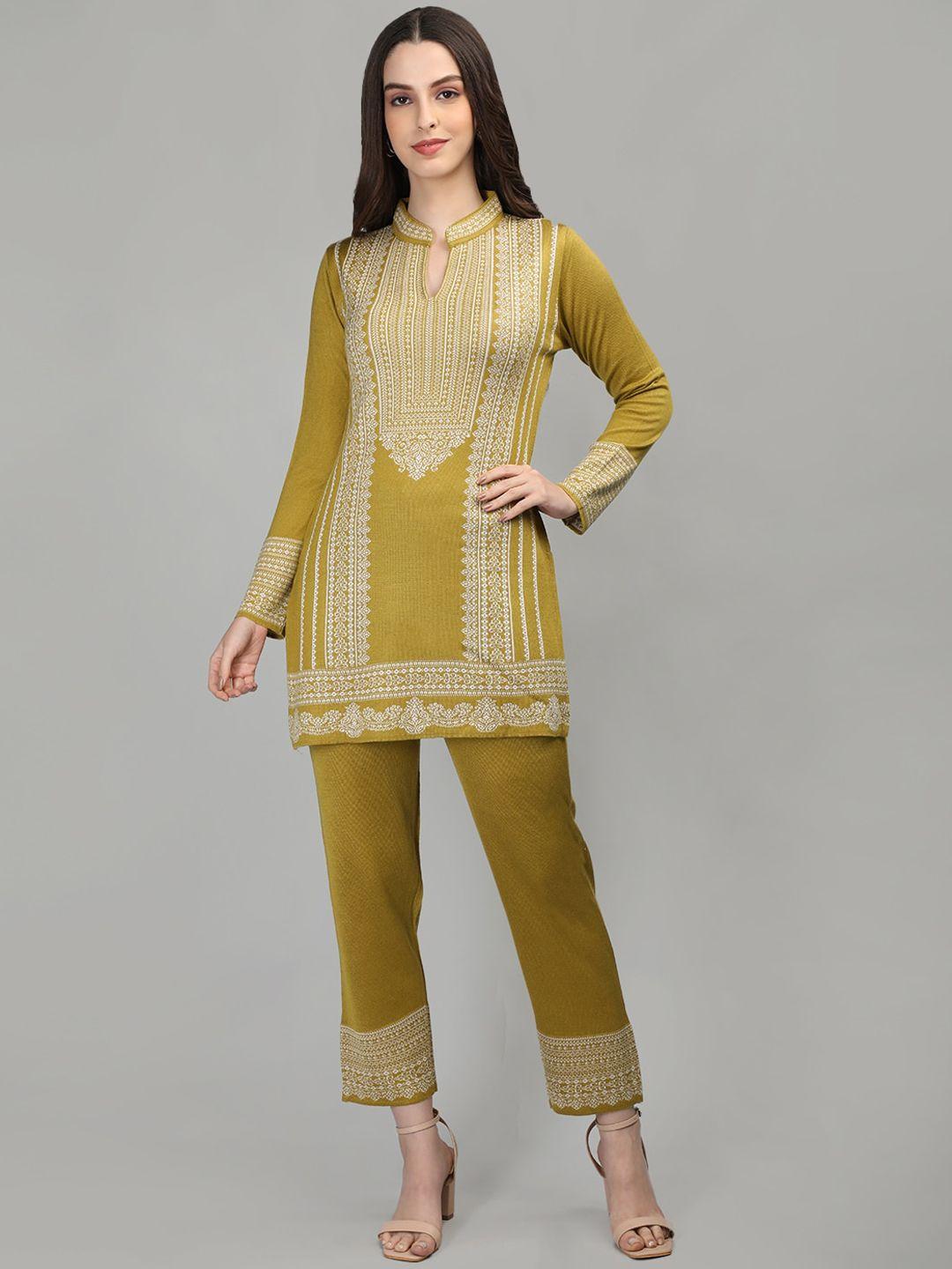 mikhad ethnic motifs woven design woolen kurti with trousers