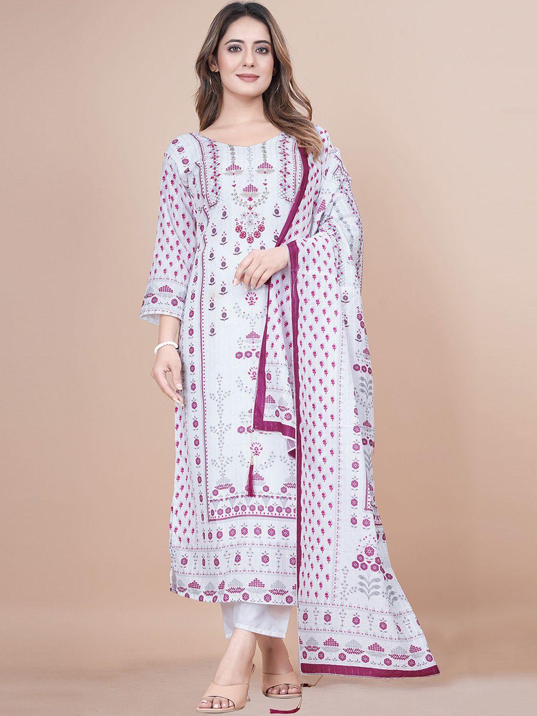 n n enterprise women white floral embroidered regular sequinned pure cotton kurti with pyjamas & with dupatta