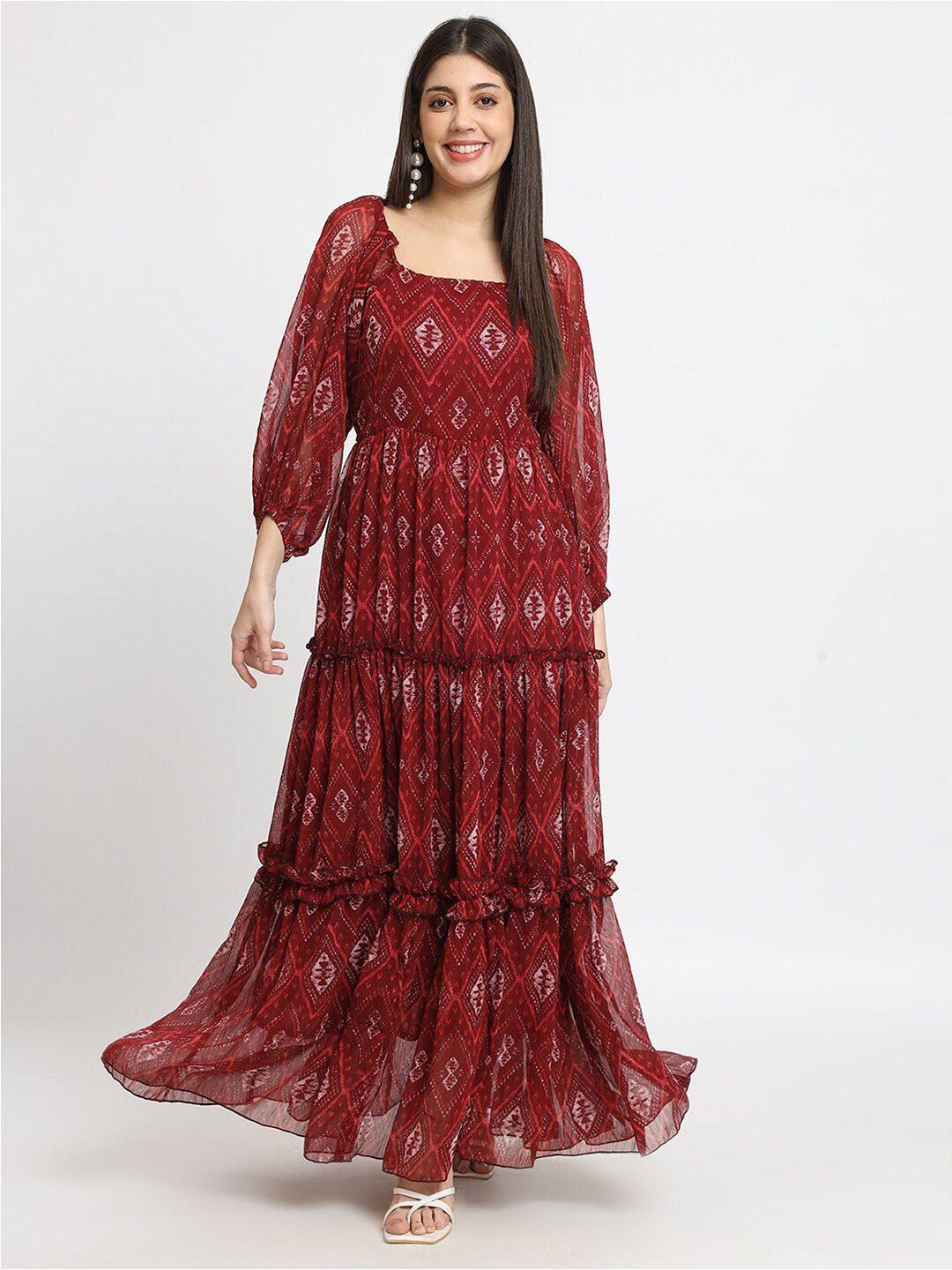 isam maroon print puff sleeve ruffled chiffon fit & flare maxi dress