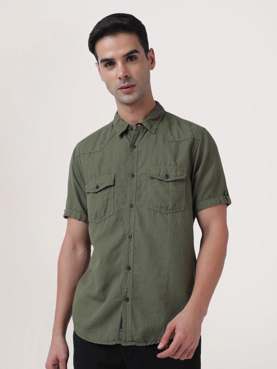 the roadster lifestyle co. spread collar short sleeves cotton linen casual shirt