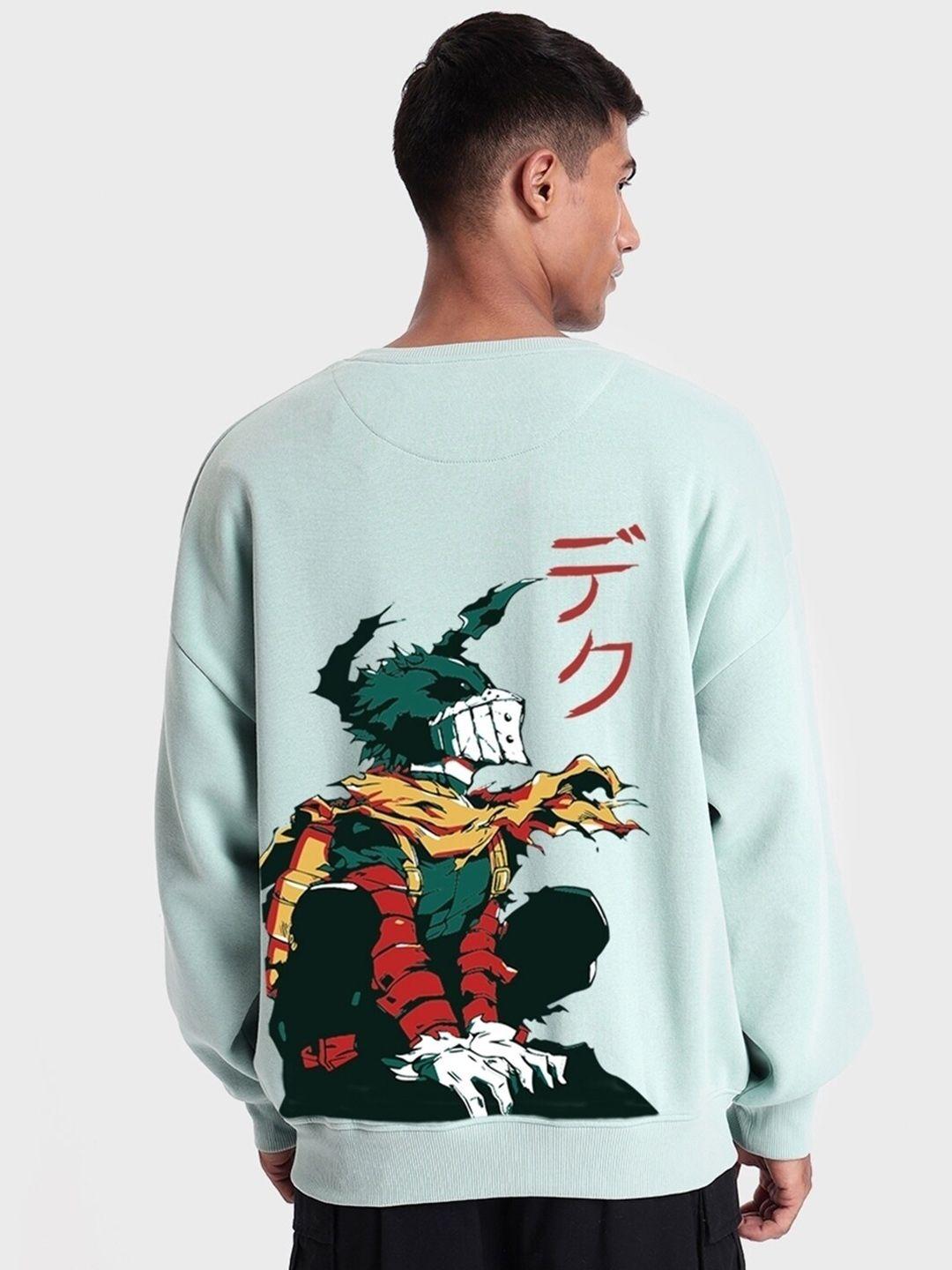 bewakoof sea green deku graphic printed fleece oversized sweatshirt