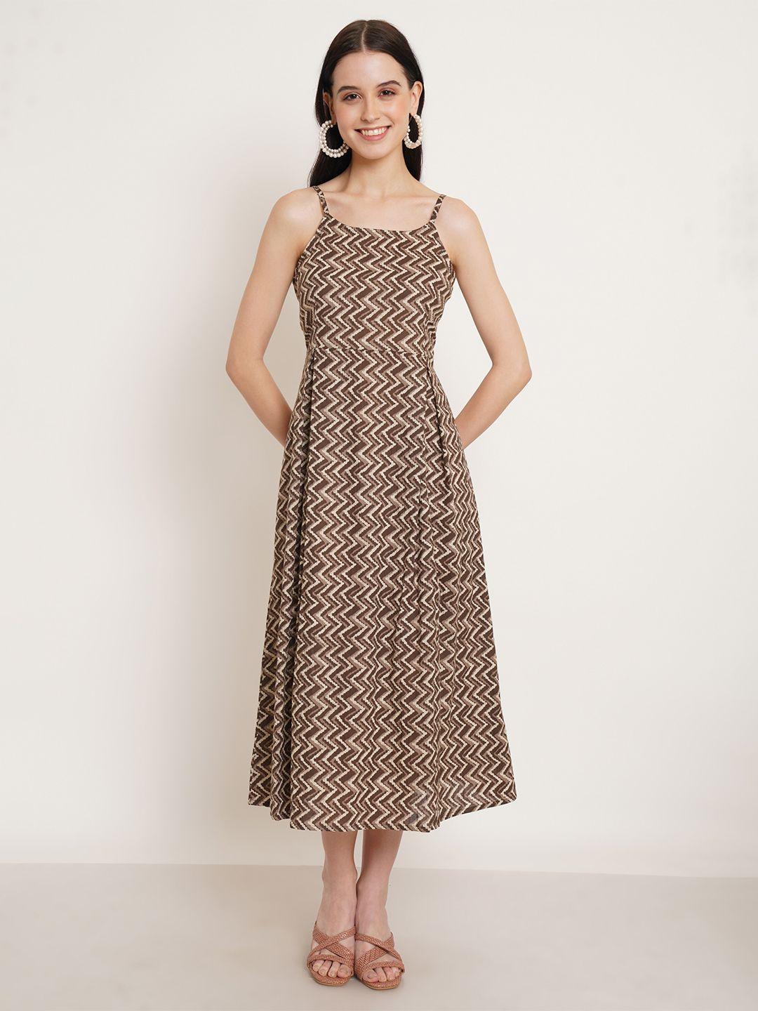 kalini brown print a-line midi dress