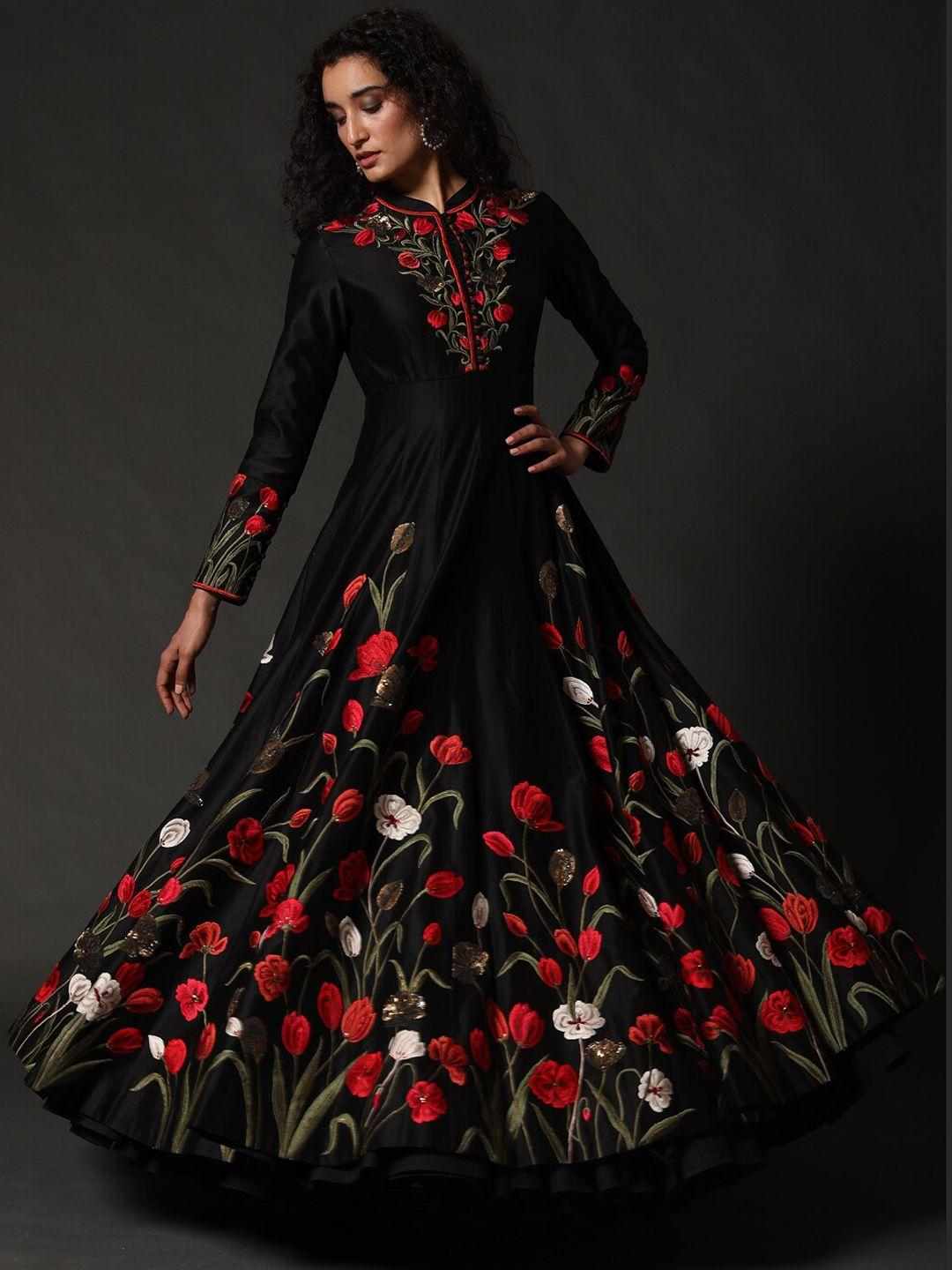 rohit bal floral printed silk fit & flared maxi ethnic dress