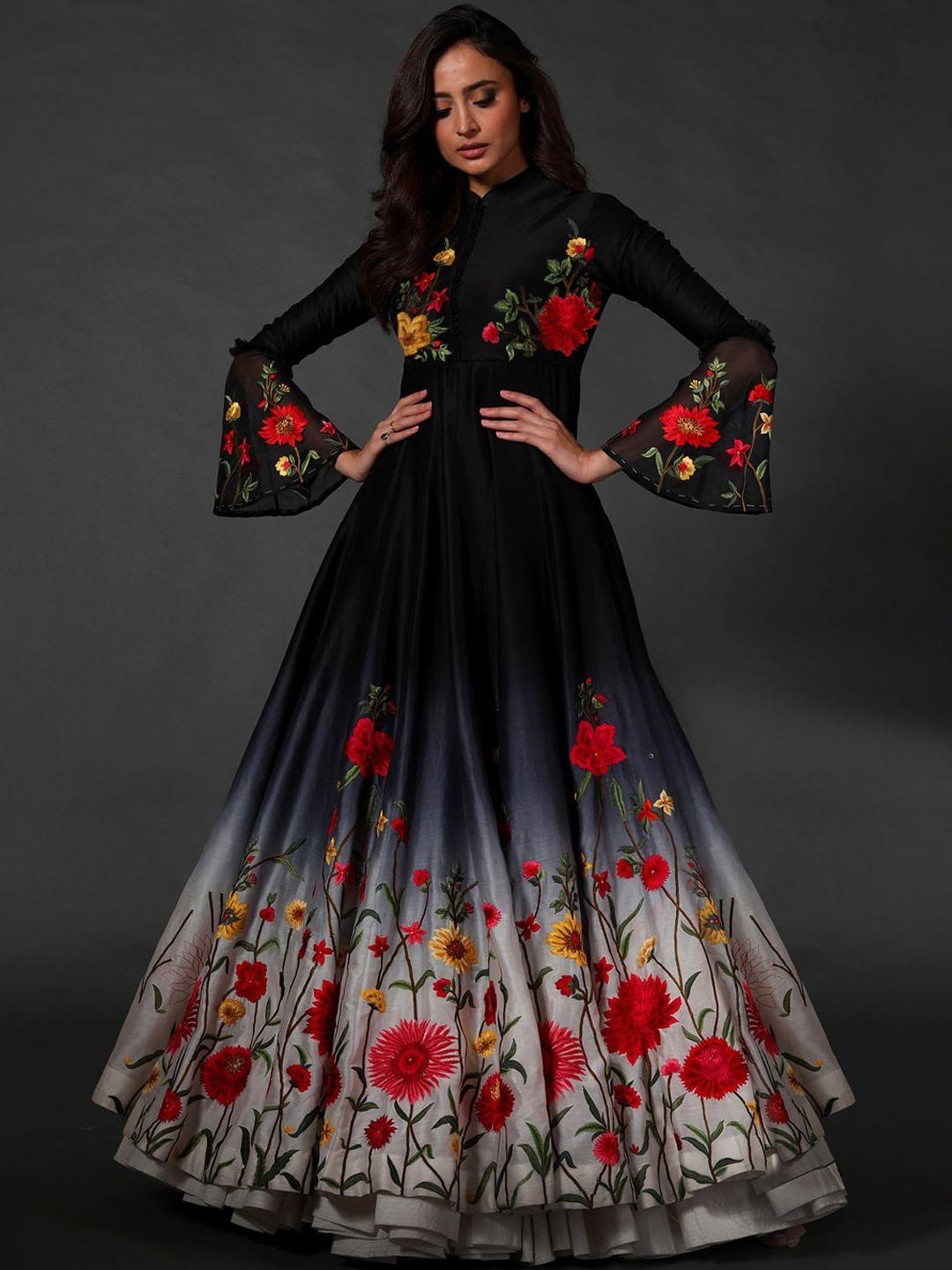 rohit bal floral printed silk fit & flared maxi ethnic dress