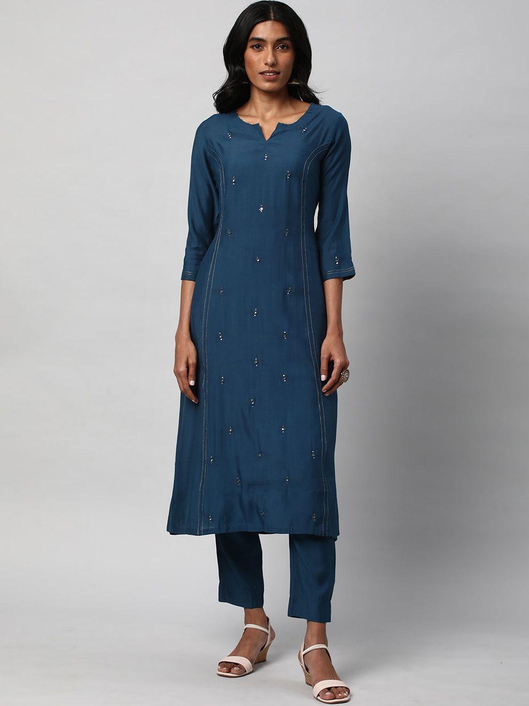 kami kubi women blue & blue embroidered sequinned kurta