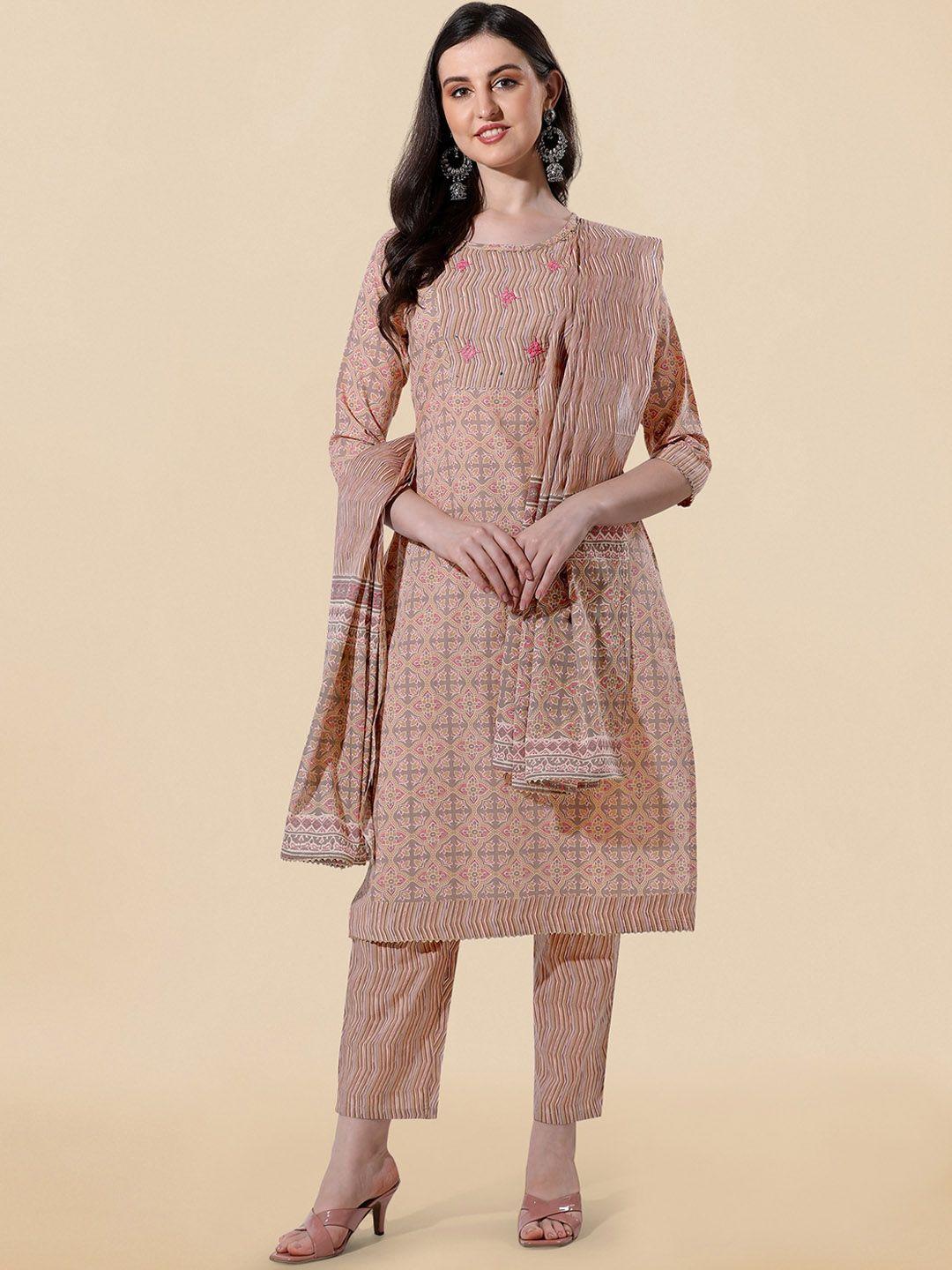 kalini ethnic motifs printed gotta patti cotton straight kurta & trousers with dupatta