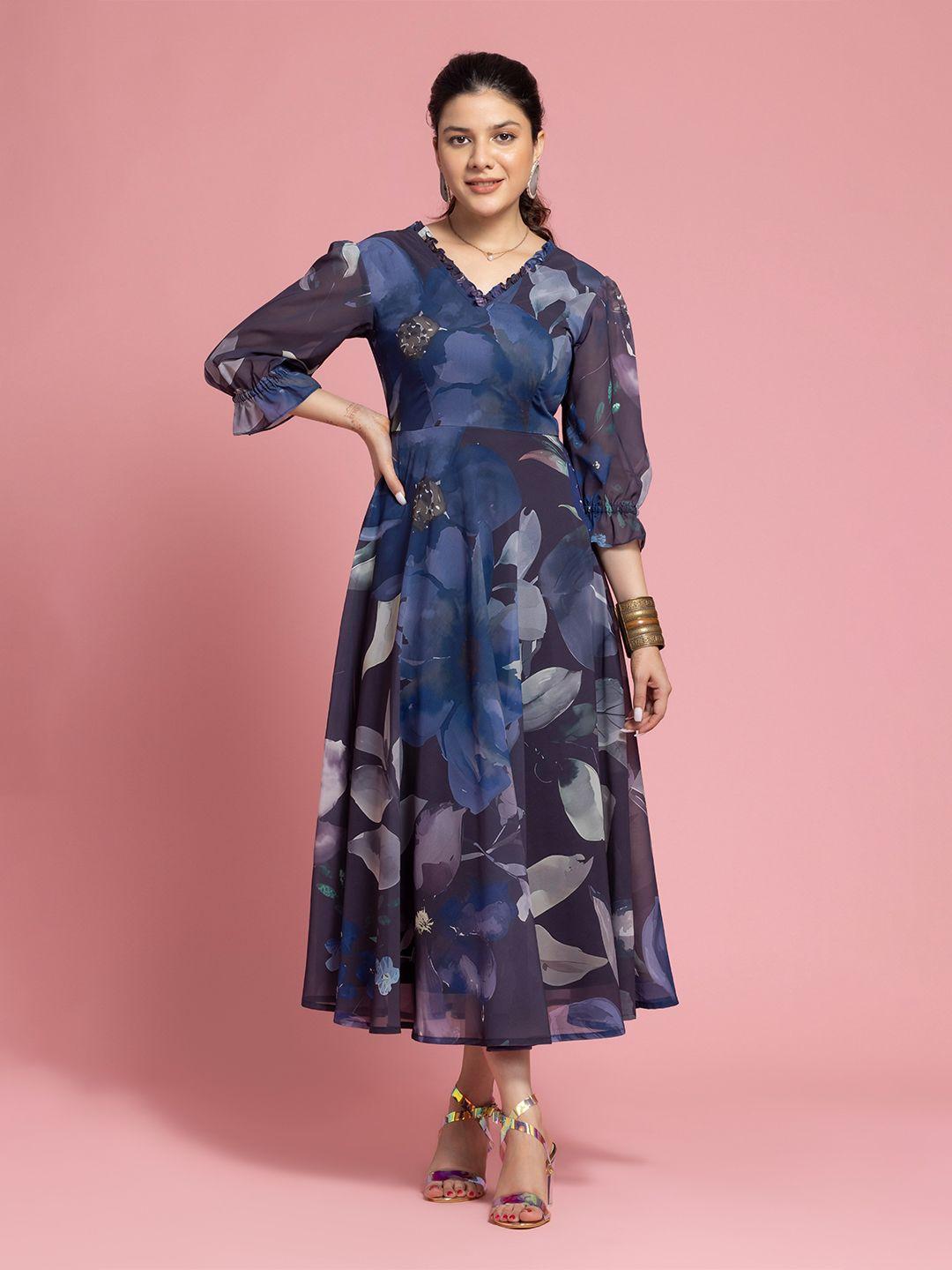 octics blue print puff sleeve georgette a-line maxi dress