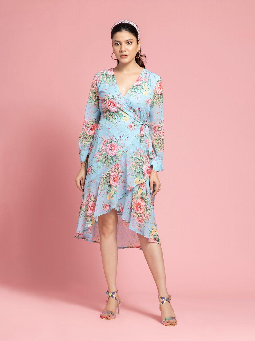 octics blue floral print georgette a-line dress