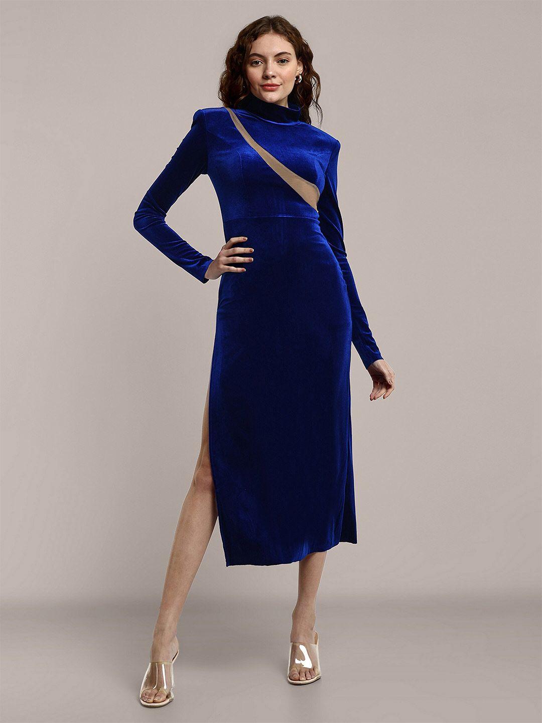 iki chic blue velvet bodycon midi dress