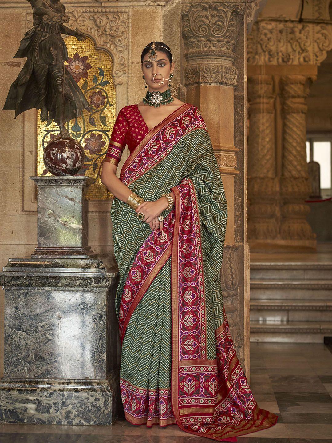 mitera olive green striped zari silk blend handloom saree