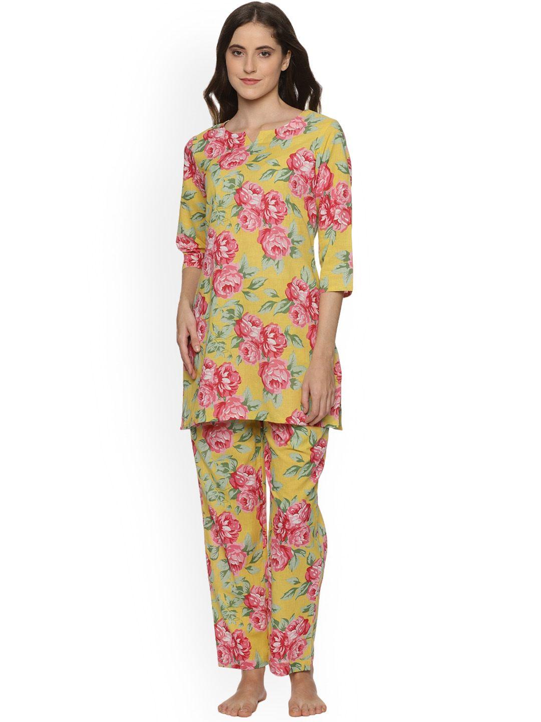 palakh women yellow & pink printed night suit