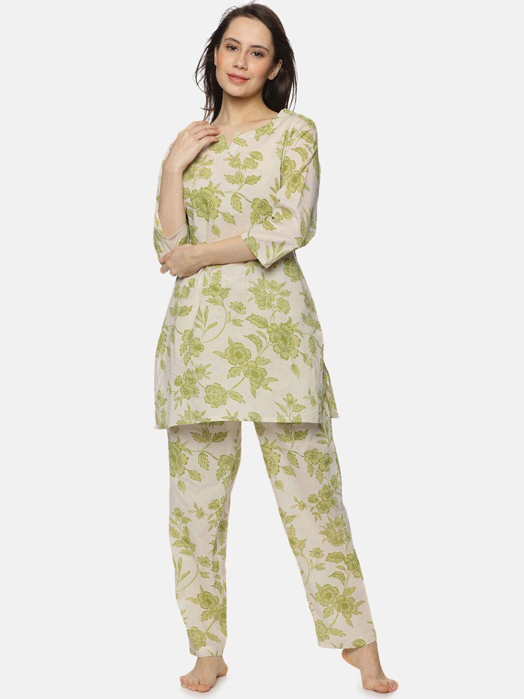 palakh women off white & green printed night suit