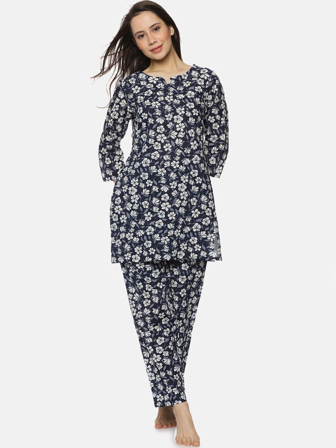 palakh women navy blue & white printed night suit