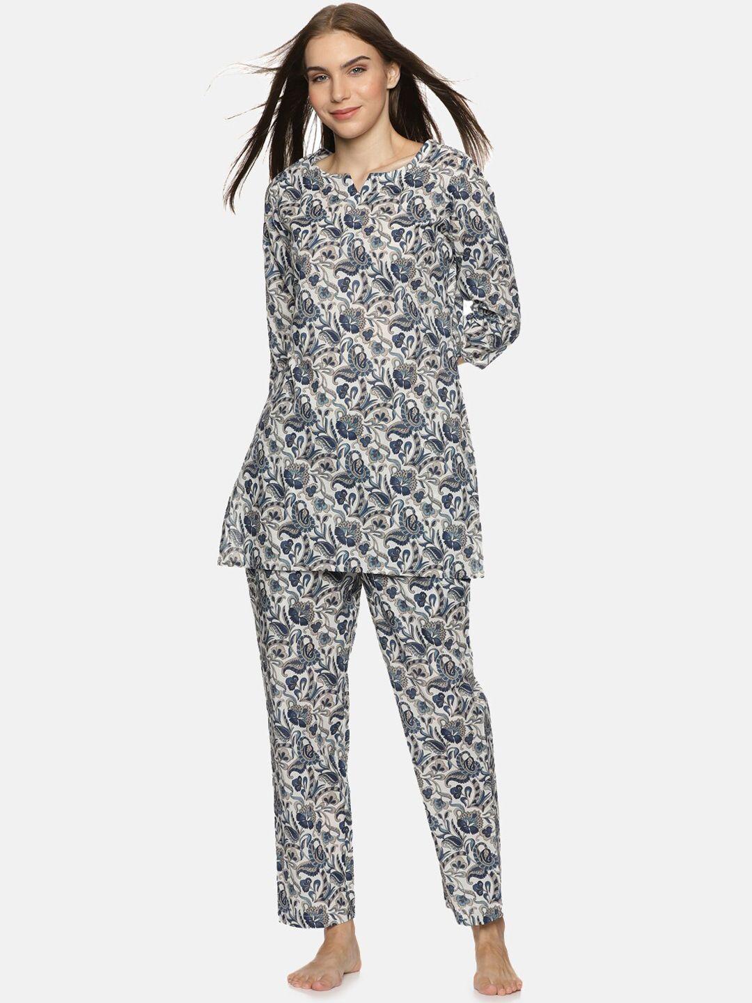 palakh women off white & navy blue printed night suit