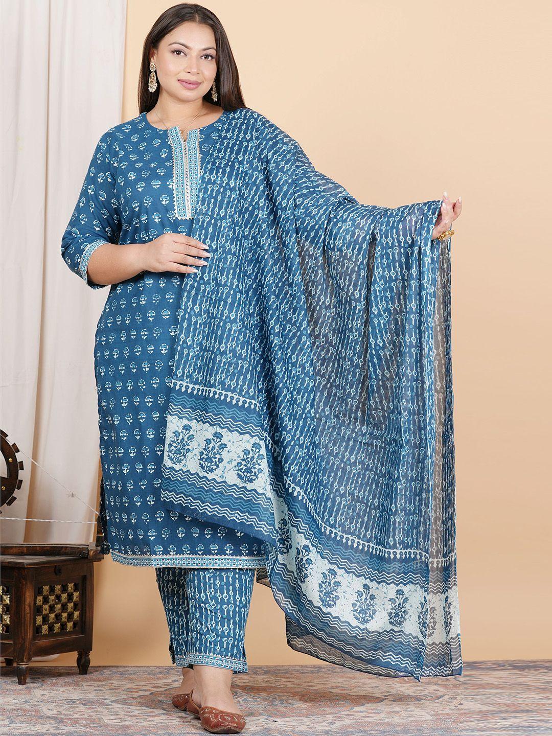 zoyoto women blue floral printed regular gotta patti pure cotton kurta with trousers & with dupatta