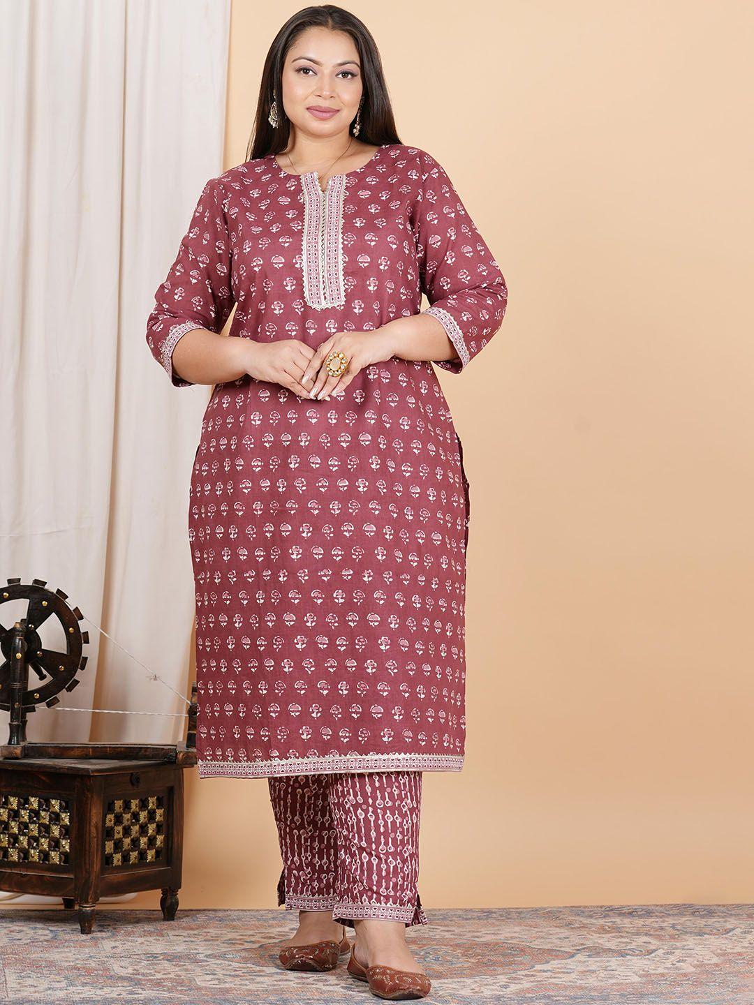 zoyoto women maroon floral printed regular gotta patti pure cotton kurta with trousers & with dupatta