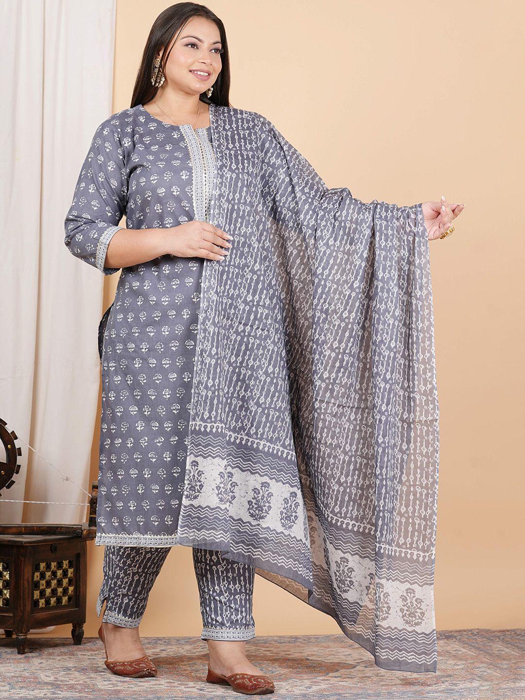 zoyoto women grey floral printed regular gotta patti pure cotton kurta with trousers & with dupatta