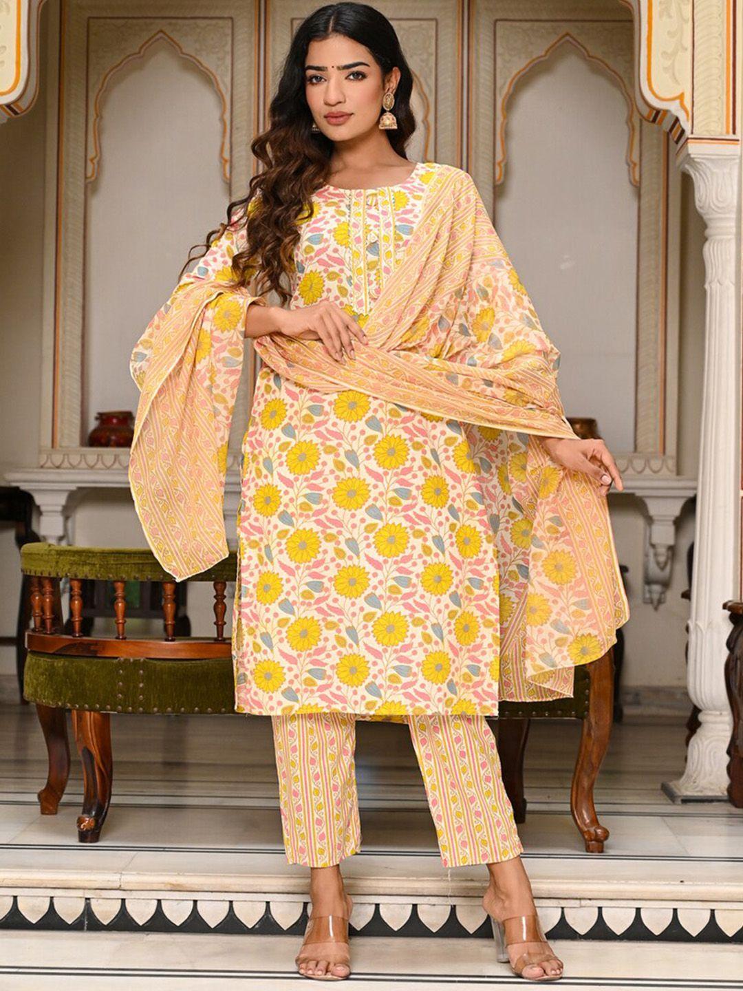 indi inside women yellow floral printed regular pure cotton kurta with trousers & with dupatta